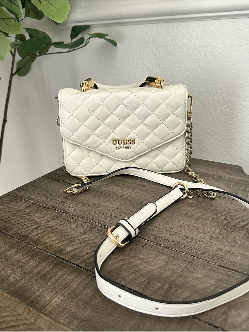 GUESS White Quilted Crossbody with Gold Chain Detail